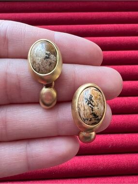 Gold-Tone Oval Stone Earrings - Elegant Natural Stone